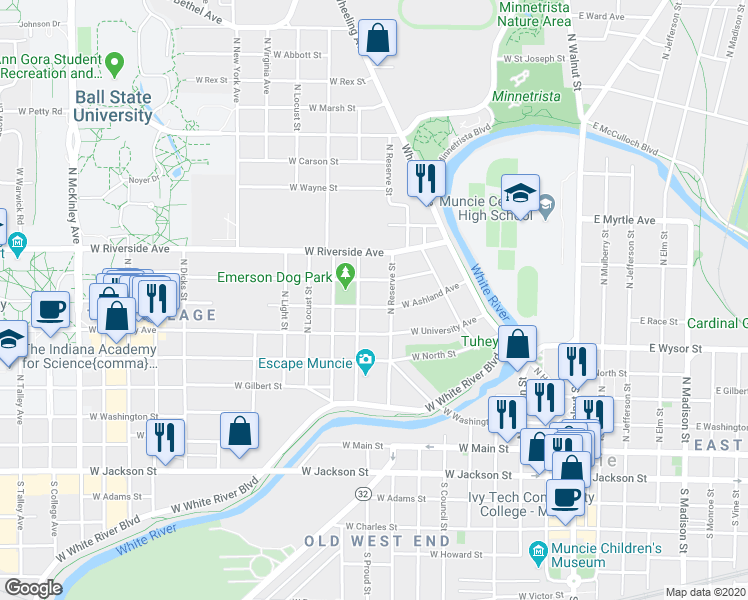 map of restaurants, bars, coffee shops, grocery stores, and more near 812 West Ashland Avenue in Muncie