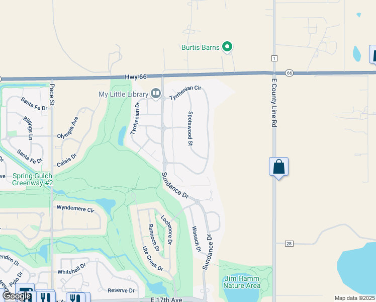 map of restaurants, bars, coffee shops, grocery stores, and more near 2325 Spotswood Street in Longmont