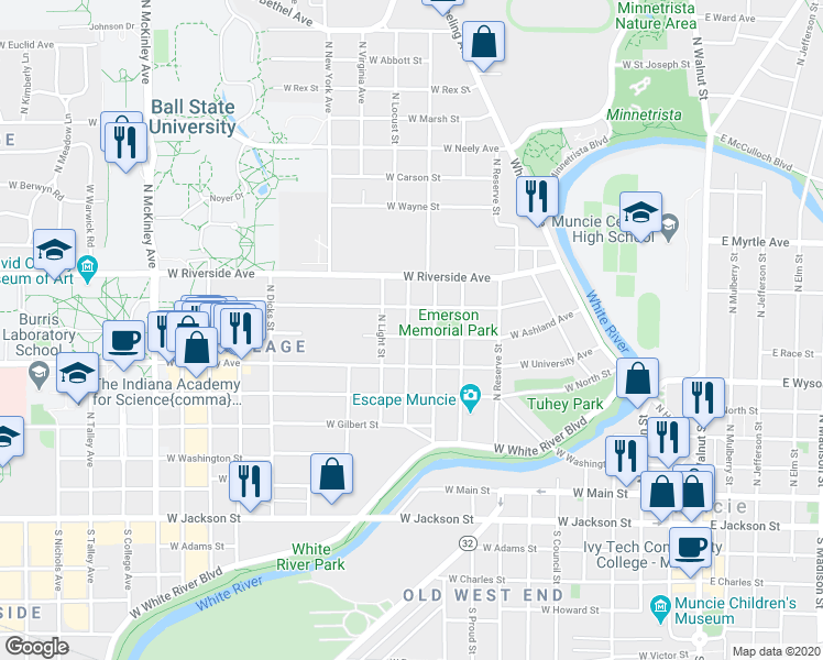 map of restaurants, bars, coffee shops, grocery stores, and more near 1016 West Ashland Avenue in Muncie
