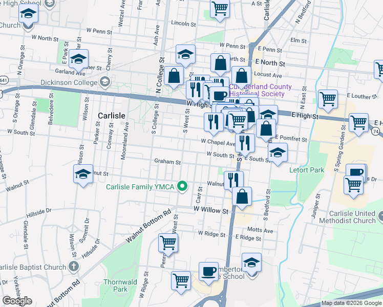 map of restaurants, bars, coffee shops, grocery stores, and more near 136 Graham Street in Carlisle