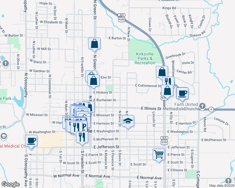 map of restaurants, bars, coffee shops, grocery stores, and more near 514 East Hickory Street in Kirksville