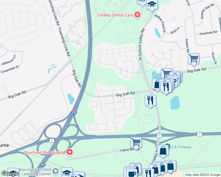 map of restaurants, bars, coffee shops, grocery stores, and more near 43 Griffin Way in Yardley