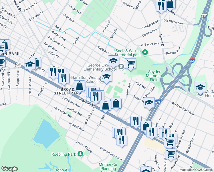 map of restaurants, bars, coffee shops, grocery stores, and more near 2720 South Clinton Avenue in Trenton