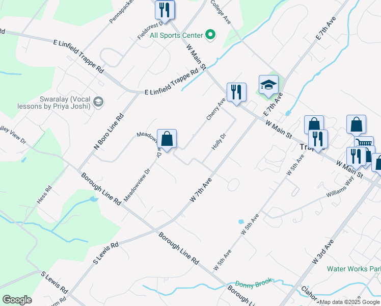 map of restaurants, bars, coffee shops, grocery stores, and more near 126 Cherry Avenue in Collegeville