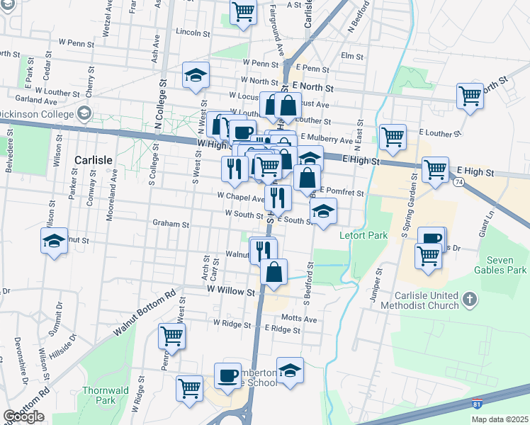 map of restaurants, bars, coffee shops, grocery stores, and more near 5 West South Street in Carlisle