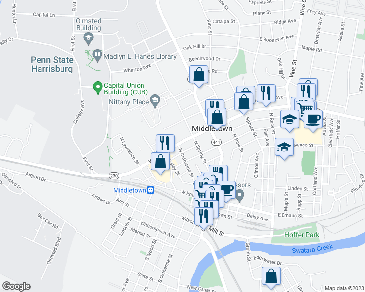 map of restaurants, bars, coffee shops, grocery stores, and more near 138 West Main Street in Middletown