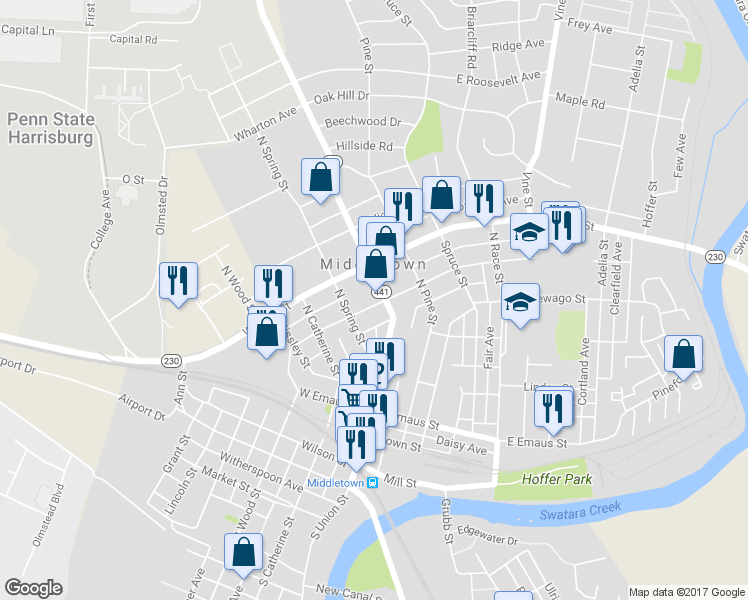 map of restaurants, bars, coffee shops, grocery stores, and more near 13 West Water Street in Middletown