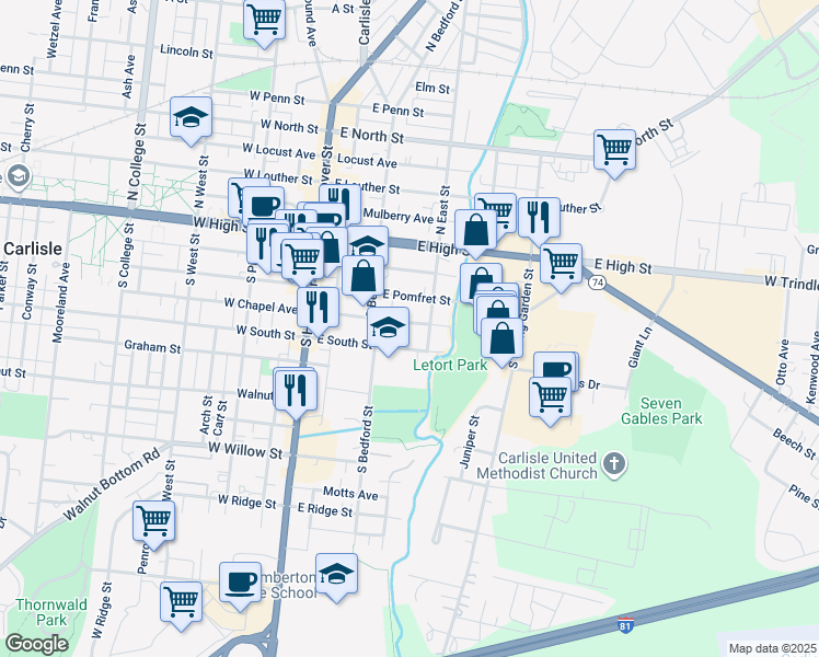 map of restaurants, bars, coffee shops, grocery stores, and more near 158 E Chapel Ave in Carlisle