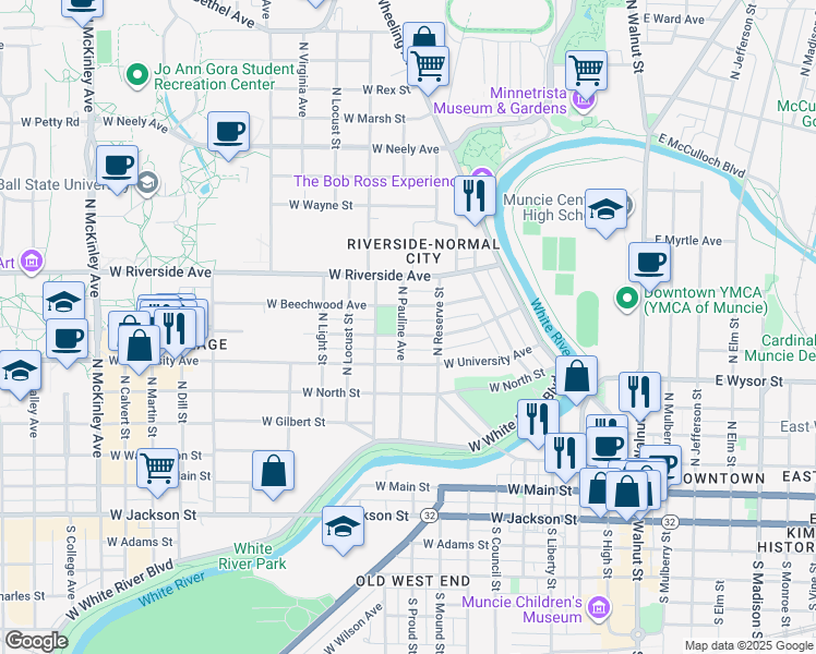 map of restaurants, bars, coffee shops, grocery stores, and more near 812 West Ashland Avenue in Muncie