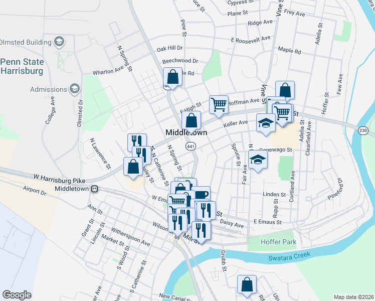 map of restaurants, bars, coffee shops, grocery stores, and more near 13 West Water Street in Middletown