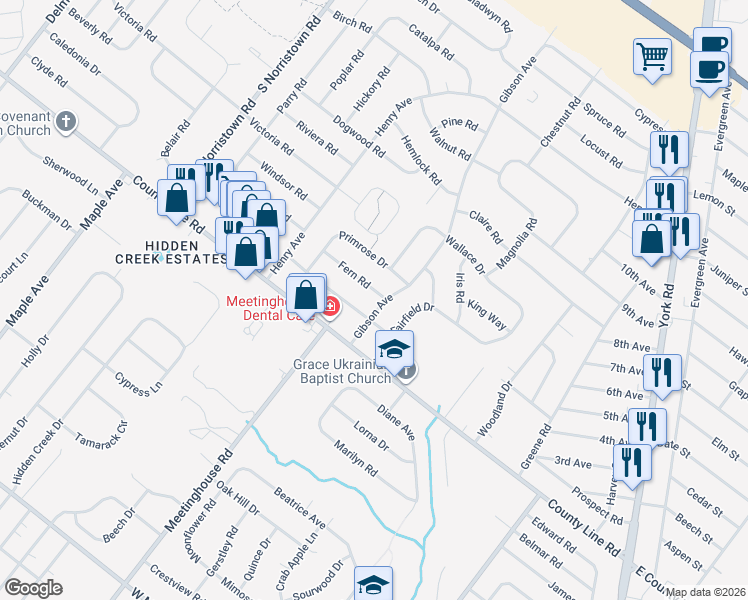 map of restaurants, bars, coffee shops, grocery stores, and more near 831 Fern Road in Warminster