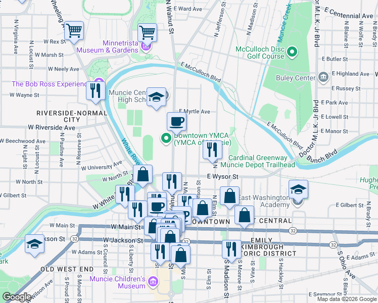 map of restaurants, bars, coffee shops, grocery stores, and more near 611 North Jefferson Street in Muncie