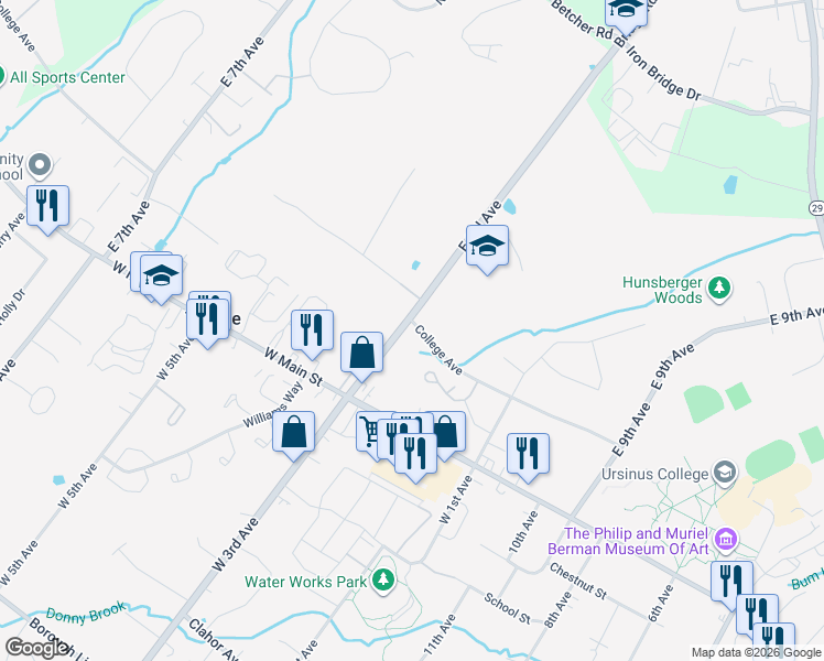 map of restaurants, bars, coffee shops, grocery stores, and more near 212 College Avenue in Collegeville