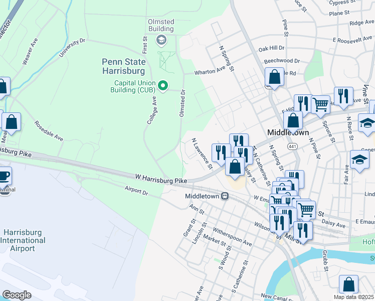 map of restaurants, bars, coffee shops, grocery stores, and more near 535 North Lawrence Street in Middletown