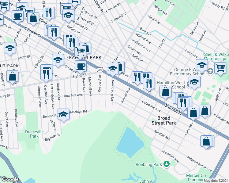 map of restaurants, bars, coffee shops, grocery stores, and more near 72 New Cedar Lane in Hamilton Township