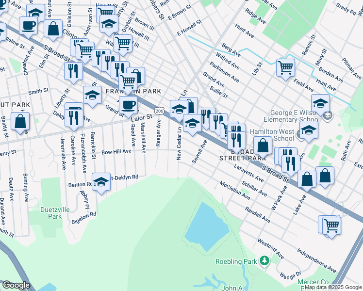 map of restaurants, bars, coffee shops, grocery stores, and more near 72 New Cedar Lane in Hamilton Township