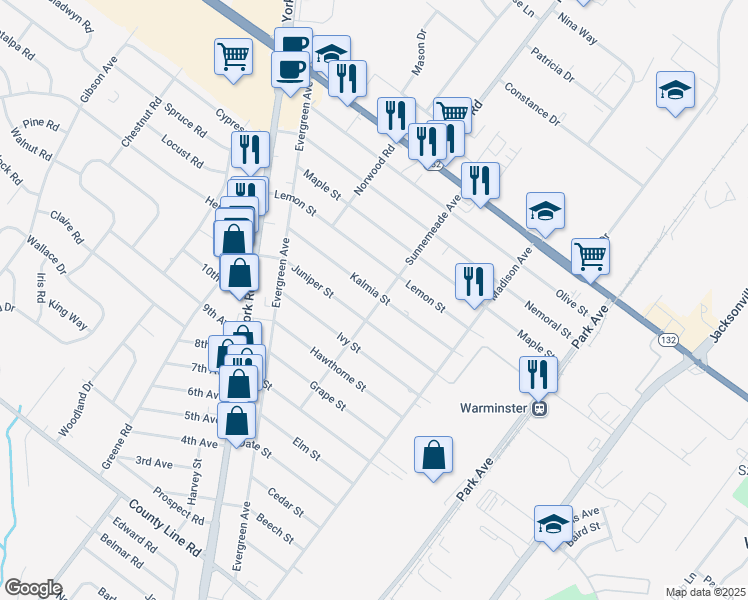 map of restaurants, bars, coffee shops, grocery stores, and more near 410 Kalmia Street in Warminster