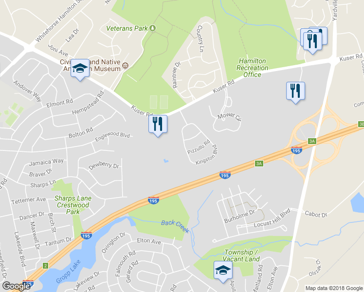 map of restaurants, bars, coffee shops, grocery stores, and more near 38 Kingston Boulevard in Hamilton Township