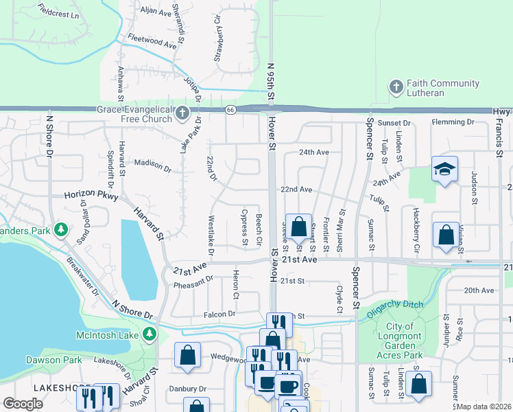 map of restaurants, bars, coffee shops, grocery stores, and more near 2658 Beech Circle in Longmont