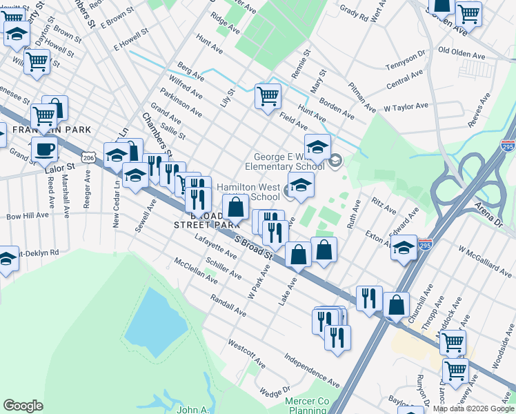 map of restaurants, bars, coffee shops, grocery stores, and more near 2618 South Clinton Avenue in Trenton