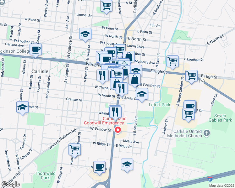 map of restaurants, bars, coffee shops, grocery stores, and more near 154 South Hanover Street in Carlisle