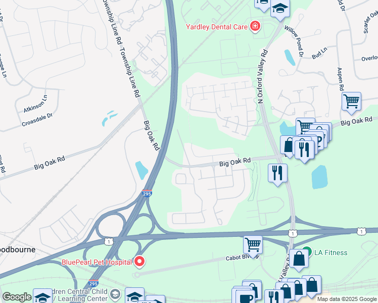 map of restaurants, bars, coffee shops, grocery stores, and more near 12 Griffin Way in Yardley