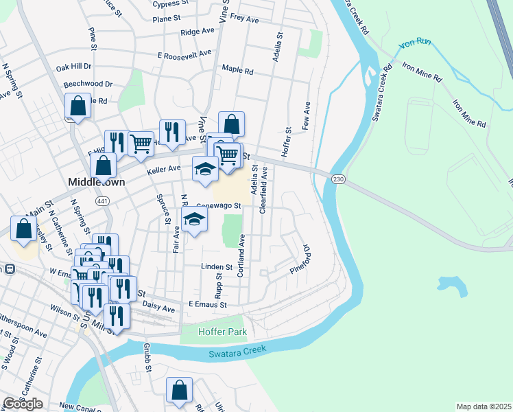 map of restaurants, bars, coffee shops, grocery stores, and more near 221 Hoffer Street in Middletown