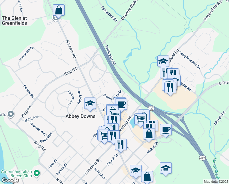 map of restaurants, bars, coffee shops, grocery stores, and more near 709 Foxmeadow Drive in Royersford