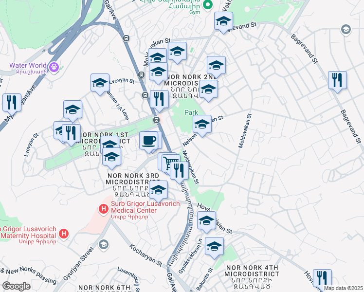 map of restaurants, bars, coffee shops, grocery stores, and more near Moldovakan Street in Yerevan