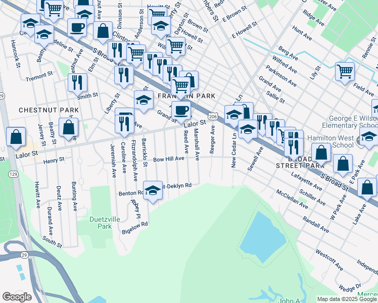 map of restaurants, bars, coffee shops, grocery stores, and more near 91 Marshall Avenue in Hamilton Township