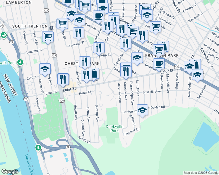 map of restaurants, bars, coffee shops, grocery stores, and more near in Hamilton Township