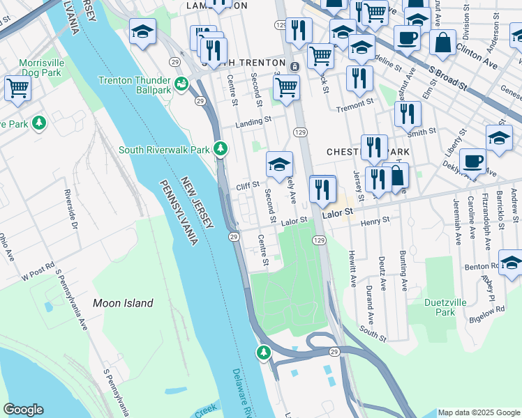 map of restaurants, bars, coffee shops, grocery stores, and more near 749 Centre Street in Trenton