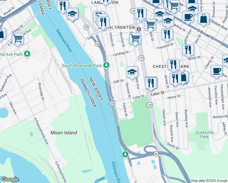 map of restaurants, bars, coffee shops, grocery stores, and more near 1050 Lamberton Street in Trenton