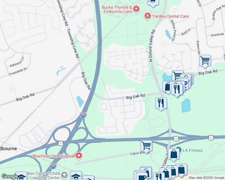map of restaurants, bars, coffee shops, grocery stores, and more near 37 Griffin Way in Yardley