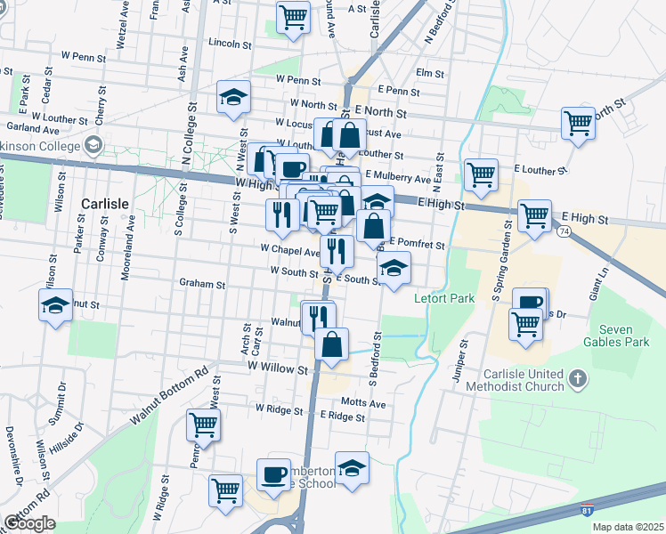 map of restaurants, bars, coffee shops, grocery stores, and more near 5 West South Street in Carlisle
