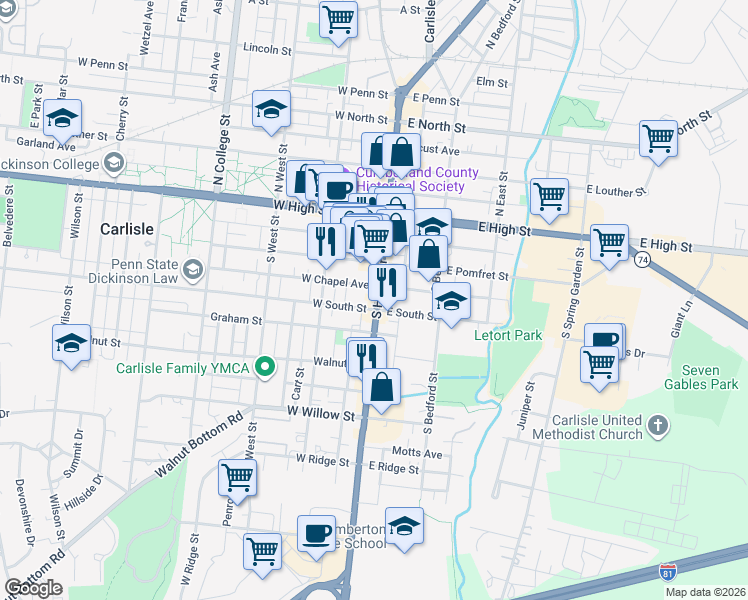 map of restaurants, bars, coffee shops, grocery stores, and more near 154 South Hanover Street in Carlisle