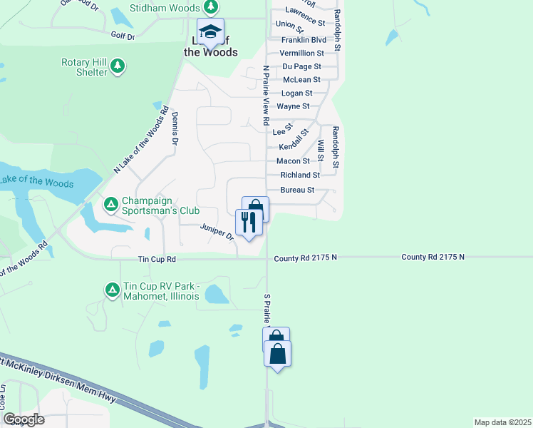 map of restaurants, bars, coffee shops, grocery stores, and more near 100-268 N Prairie View Rd in Mahomet