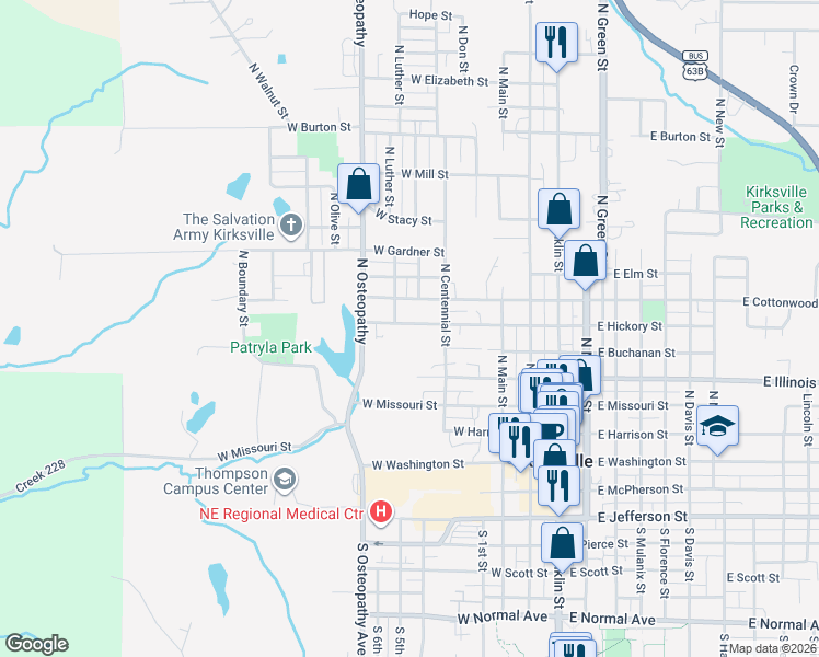 map of restaurants, bars, coffee shops, grocery stores, and more near 607 West Hickory Street in Kirksville