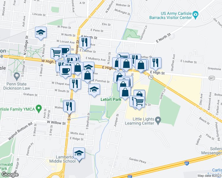 map of restaurants, bars, coffee shops, grocery stores, and more near Chapel Avenue in Carlisle