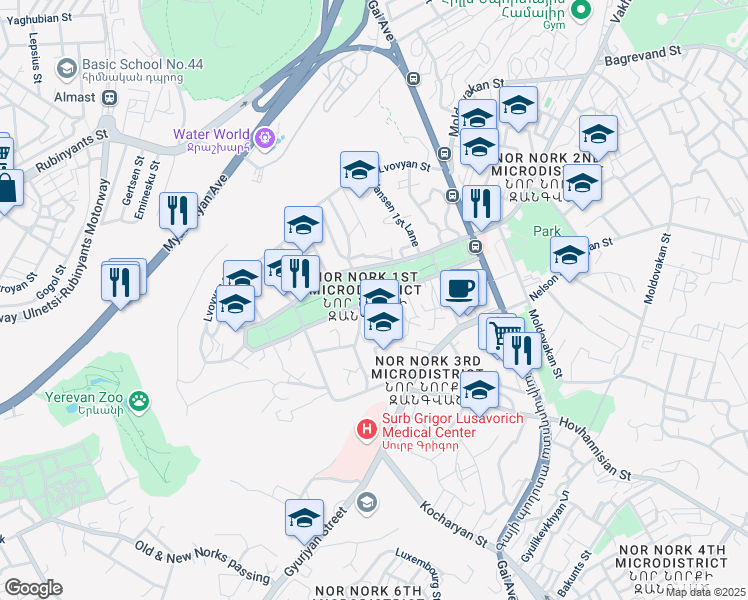 map of restaurants, bars, coffee shops, grocery stores, and more near Nansen Street in Yerevan