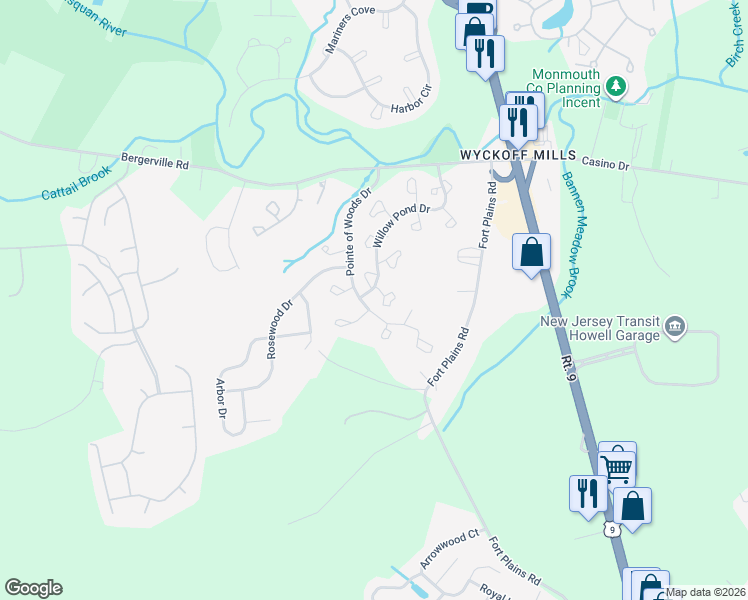 map of restaurants, bars, coffee shops, grocery stores, and more near 179 Pinetree Court in Howell Township