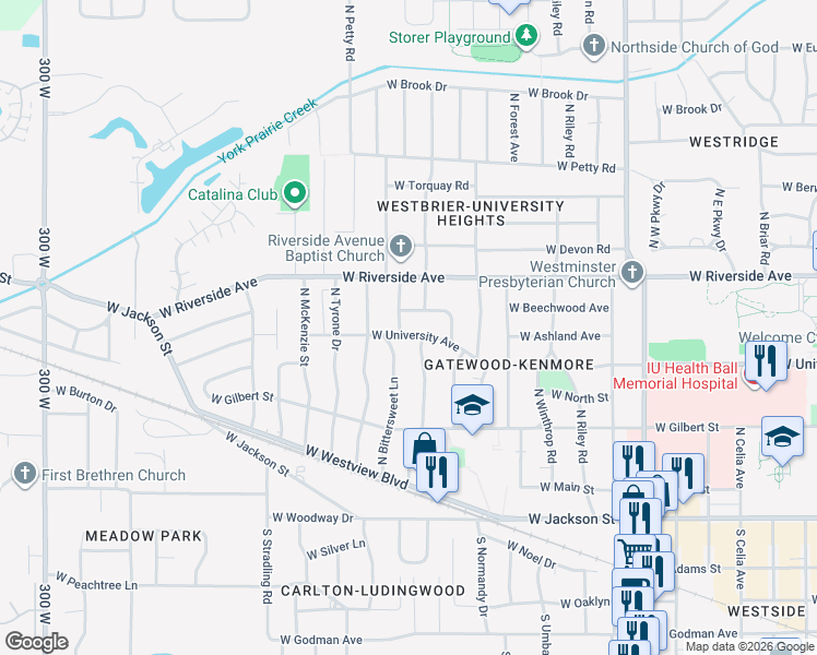 map of restaurants, bars, coffee shops, grocery stores, and more near 3600 West University Avenue in Muncie