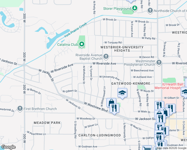 map of restaurants, bars, coffee shops, grocery stores, and more near 514 North Tyrone Drive in Muncie