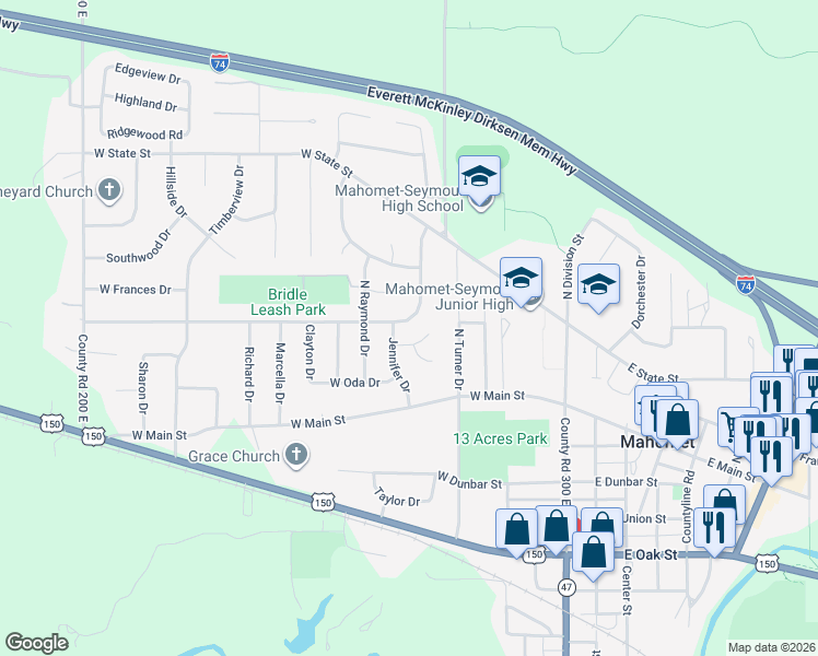 map of restaurants, bars, coffee shops, grocery stores, and more near 210 Jennifer Drive in Mahomet