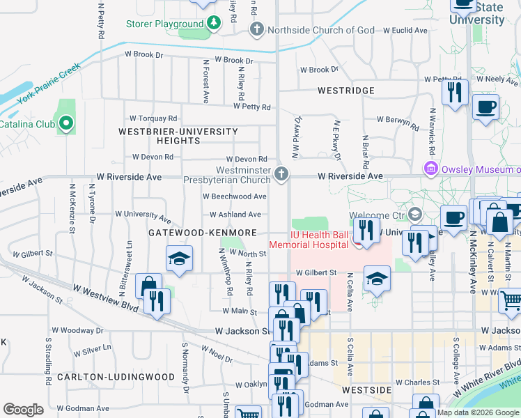 map of restaurants, bars, coffee shops, grocery stores, and more near 2904 West Ashland Avenue in Muncie