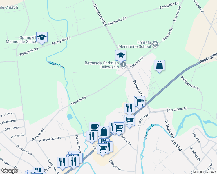 map of restaurants, bars, coffee shops, grocery stores, and more near 583 Stevens Road in Ephrata