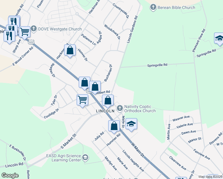map of restaurants, bars, coffee shops, grocery stores, and more near 76 Robert Road in Ephrata