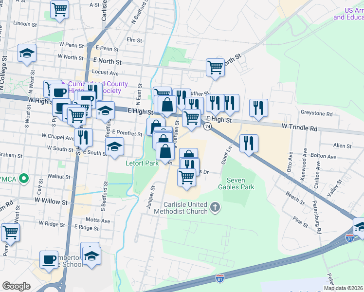map of restaurants, bars, coffee shops, grocery stores, and more near 1 Rush Drive in Carlisle