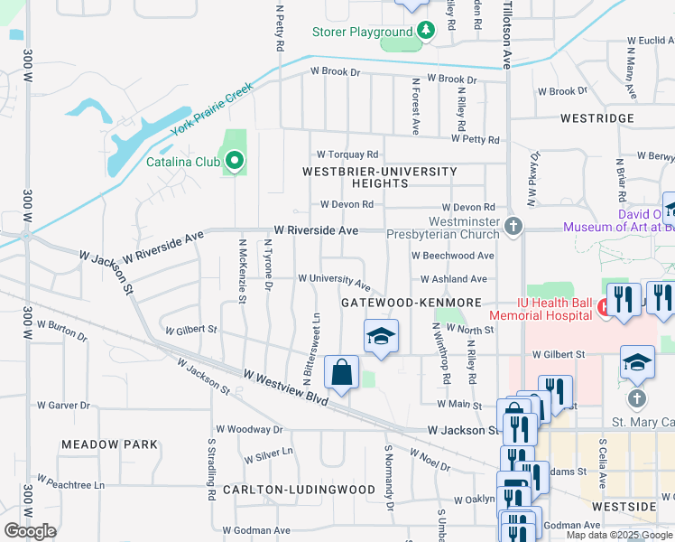 map of restaurants, bars, coffee shops, grocery stores, and more near 3600 West University Avenue in Muncie