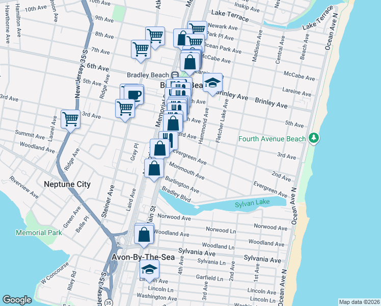 map of restaurants, bars, coffee shops, grocery stores, and more near 604 Evergreen Avenue in Bradley Beach